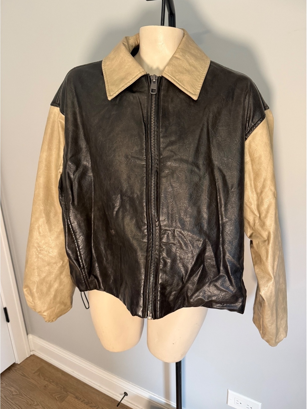 Lioness Two-Tone Vegan Leather Jacket with Zip Front, Size M